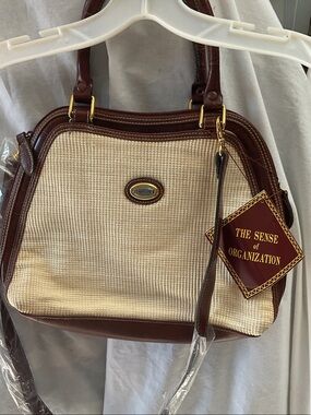 The Sense of Organization Women's Beige Woven Satchel with Brown Trim